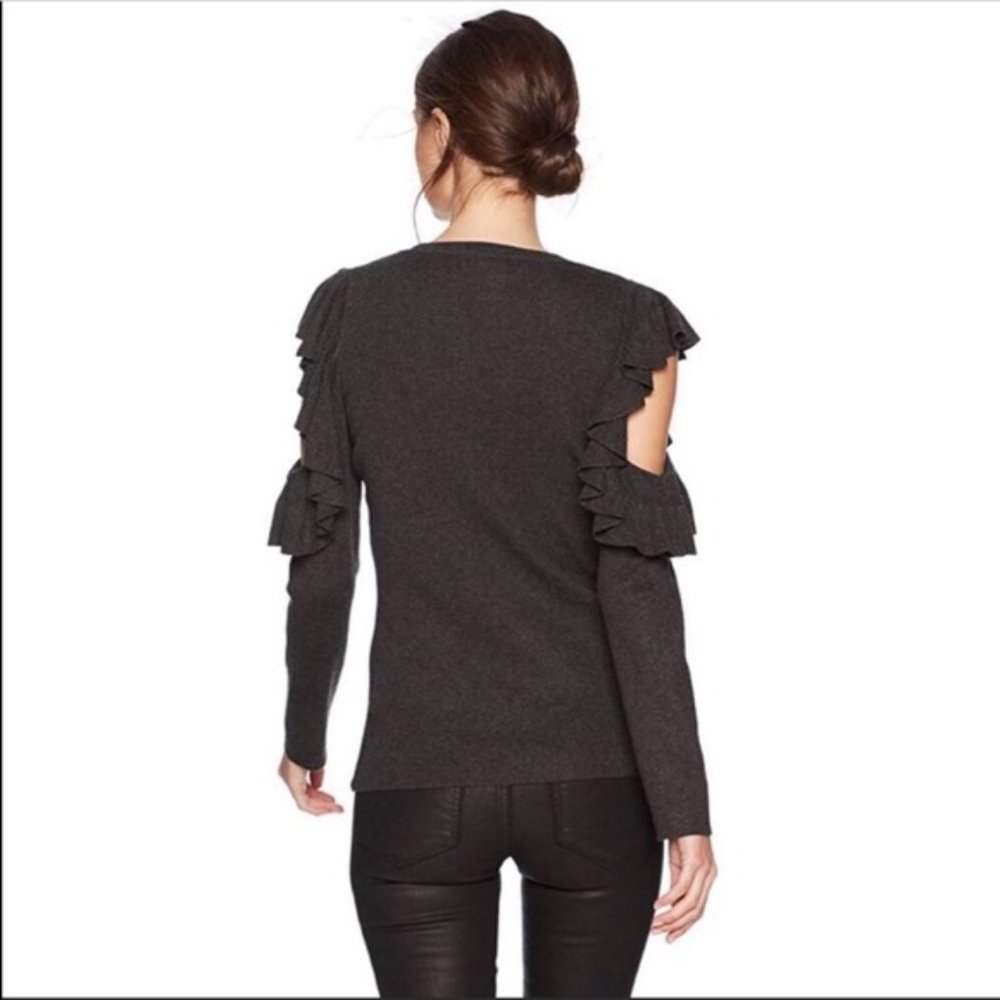 Max Studio Grey Gray Ruffled Cold Shoulder Sweater - Picture 3 of 6